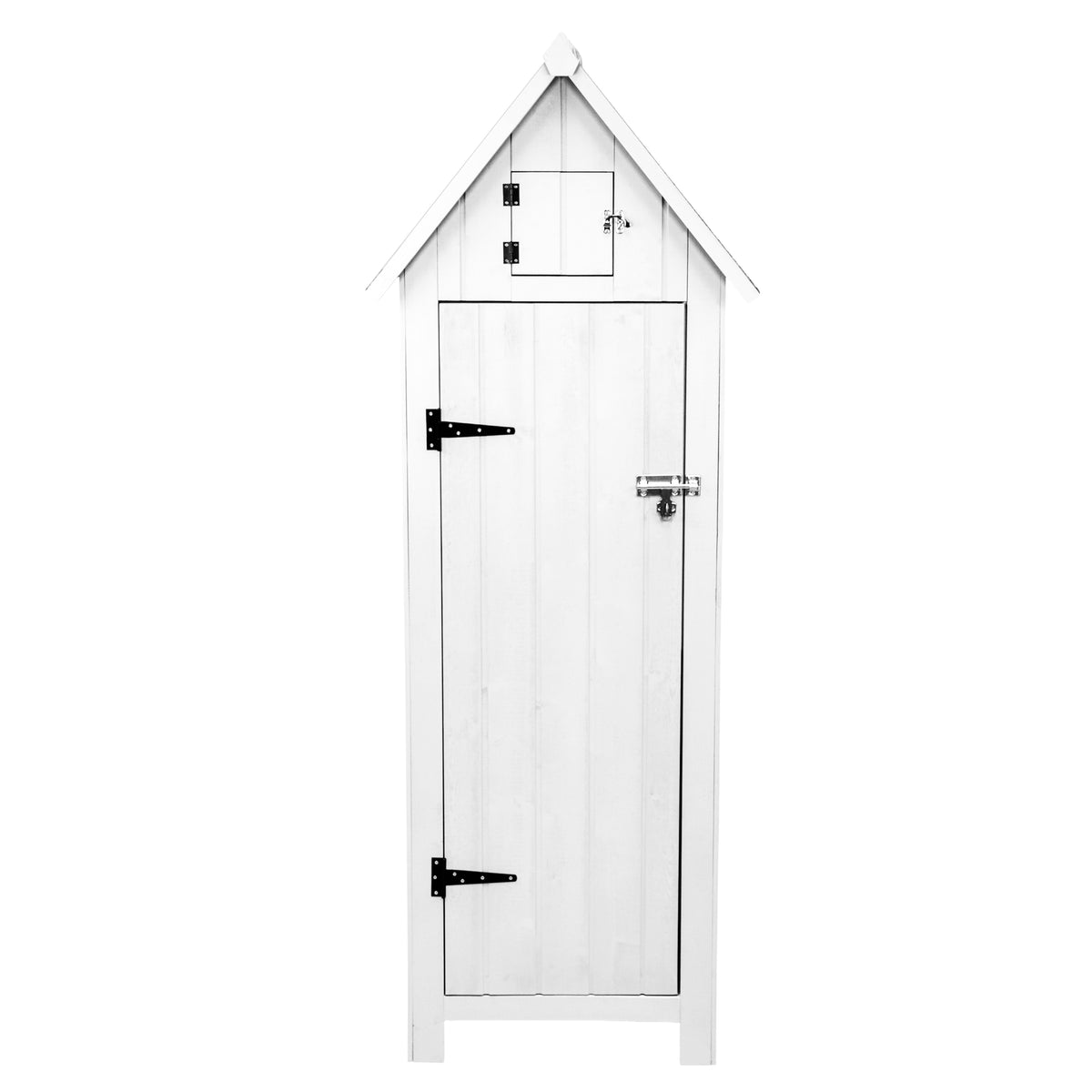 Hochwertiger grauer Gartenschrank aus Holz mit spitzem Dach, vertikalen Holzlatten, stabilen Scharnieren und einem kleinen oberen Fach für zusätzlichen Stauraum