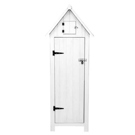Hochwertiger grauer Gartenschrank aus Holz mit spitzem Dach, vertikalen Holzlatten, stabilen Scharnieren und einem kleinen oberen Fach für zusätzlichen Stauraum