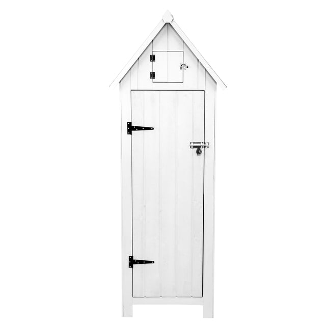 Hochwertiger grauer Gartenschrank aus Holz mit spitzem Dach, vertikalen Holzlatten, stabilen Scharnieren und einem kleinen oberen Fach für zusätzlichen Stauraum