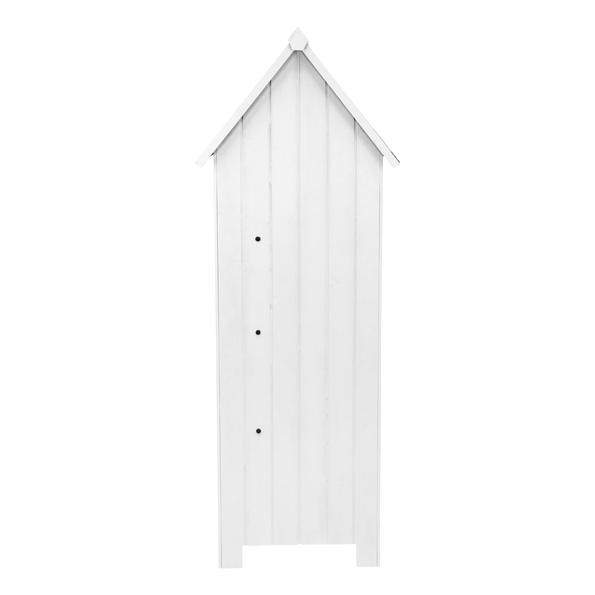 Grau gestrichener Gartenschrank aus Holz mit schmaler, hoher Form, vertikalen Holzlatten und einem spitzen Dach, ideal für die Aufbewahrung im Garten