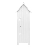 Grau gestrichener Gartenschrank aus Holz mit schmaler, hoher Form, vertikalen Holzlatten und einem spitzen Dach, ideal für die Aufbewahrung im Garten