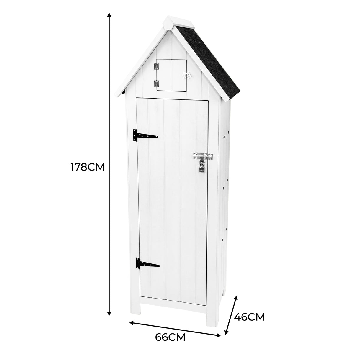 Hochwertiger Gartenschrank aus grauem Holz mit schmalem Design, spitzem Dach, zwei Türen und einem kleinen oberen Fach für zusätzlichen Stauraum