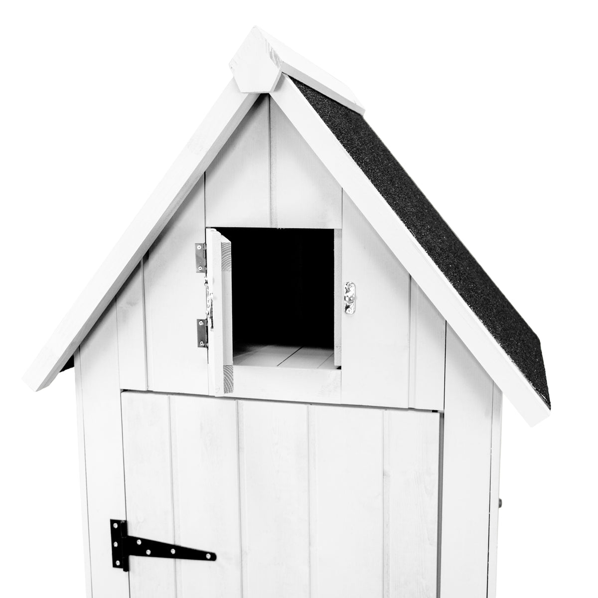 Grau lackierter Holz-Gartenschrank mit einem spitzen Dach, einer kleinen Fensteröffnung und einer stabilen Tür mit schwarzem Beschlag