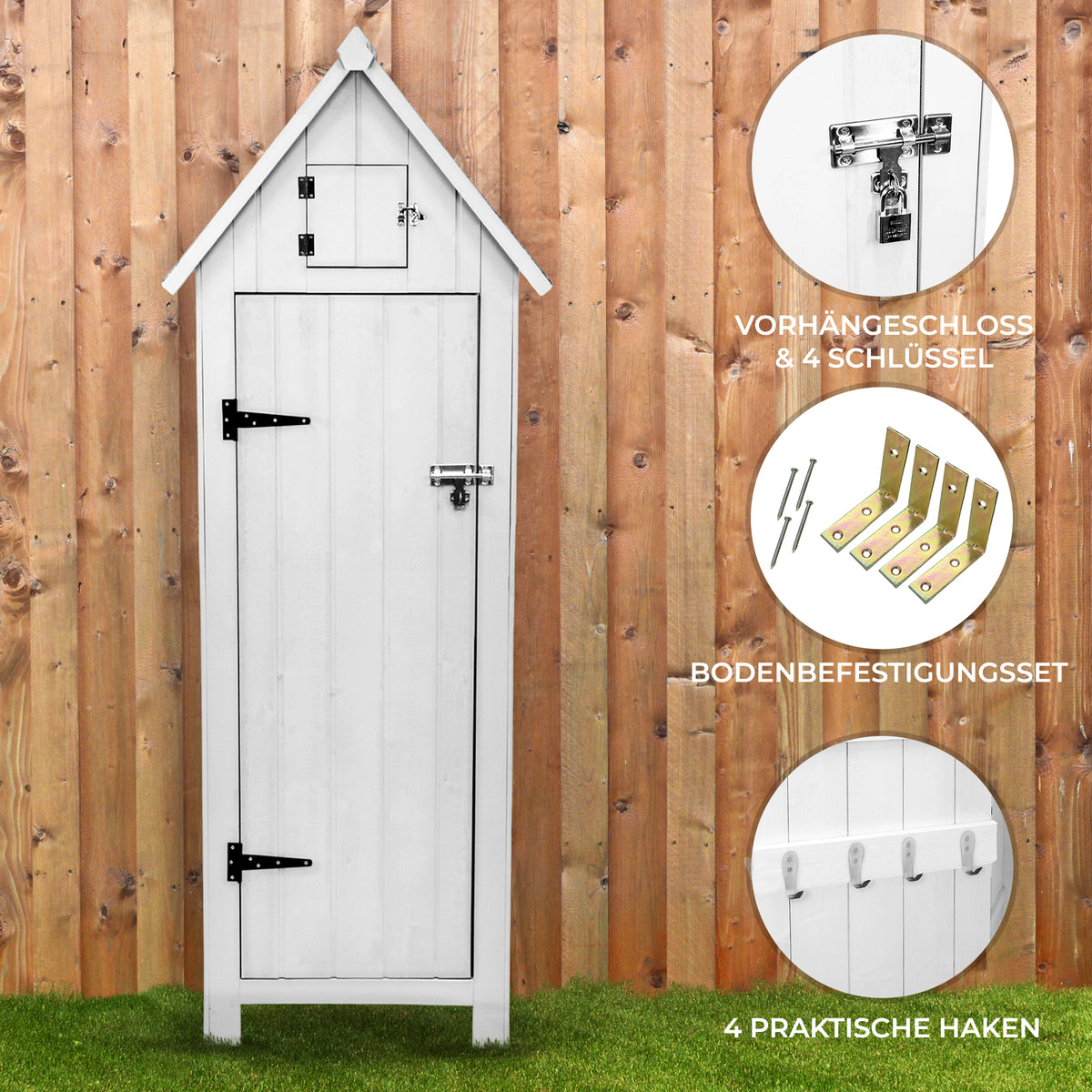 Grau lackierter Gartenschrank aus Holz mit einem spitzen Dach, Vorhängeschloss, vier Haken und einem Bodenbefestigungsset, ideal für die Aufbewahrung im Garten
