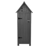 Grau lackierter Gartenschrank aus Holz mit spitzem Dach, zwei Türen, Metallbeschlägen und einem kleinen oberen Fach für zusätzlichen Stauraum