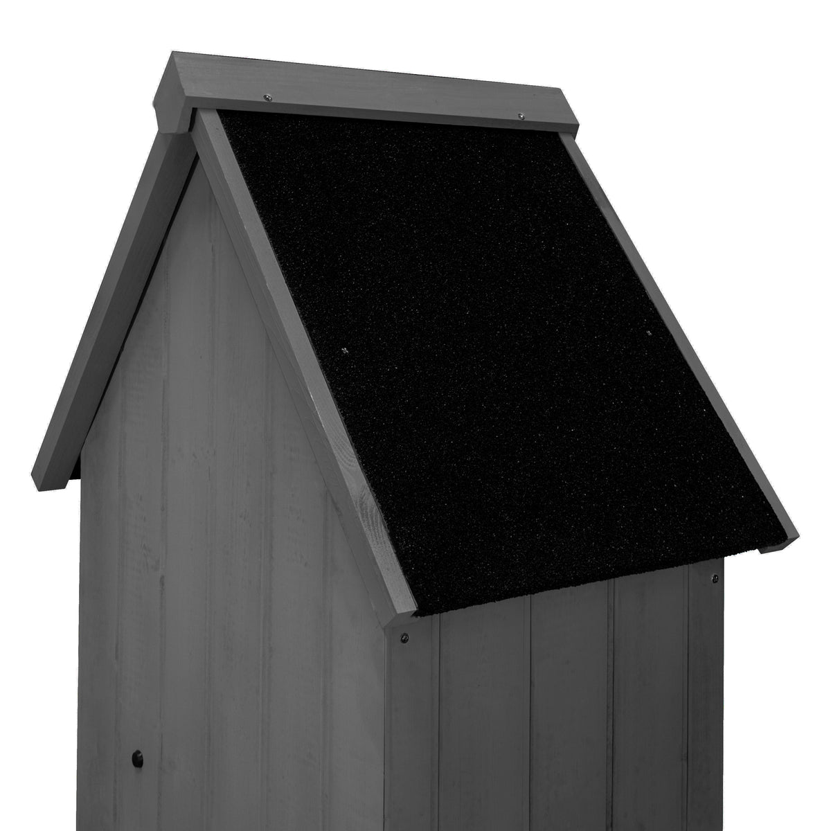 Grau lackierter Gartenschrank aus Holz mit schwarzem, schrägem Dach und glatter, strukturierter Oberfläche, ideal für die Aufbewahrung im Garten