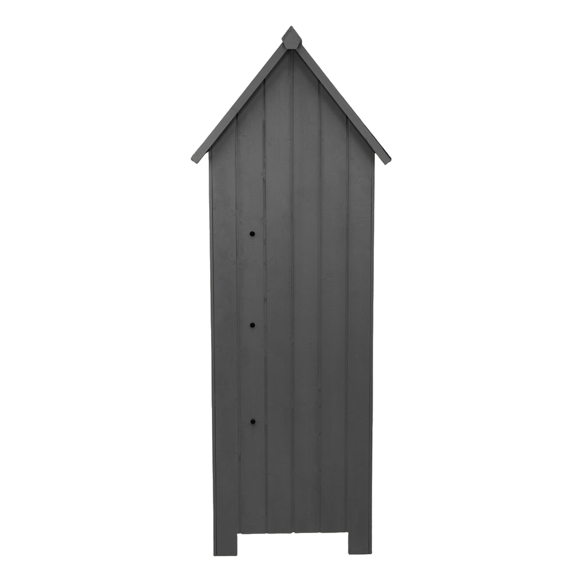 Hochschmaler Gartenschrank aus grauem Holz mit einem spitzen Dach, vertikalen Lamellen und drei runden Lüftungslöchern für optimale Belüftung