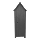 Hochschmaler Gartenschrank aus grauem Holz mit einem spitzen Dach, vertikalen Lamellen und drei runden Lüftungslöchern für optimale Belüftung
