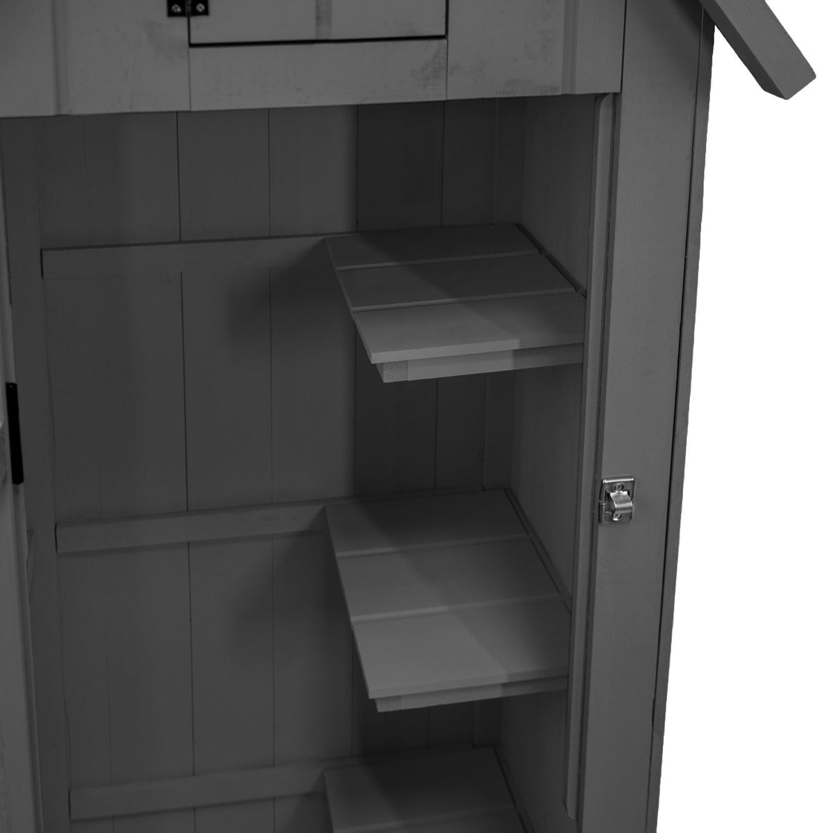 Grau lackierter Holz-Gartenschrank mit zwei Regalen und einer kleinen oberen Ablage, ideal zur Aufbewahrung von Gartenutensilien und Werkzeugen