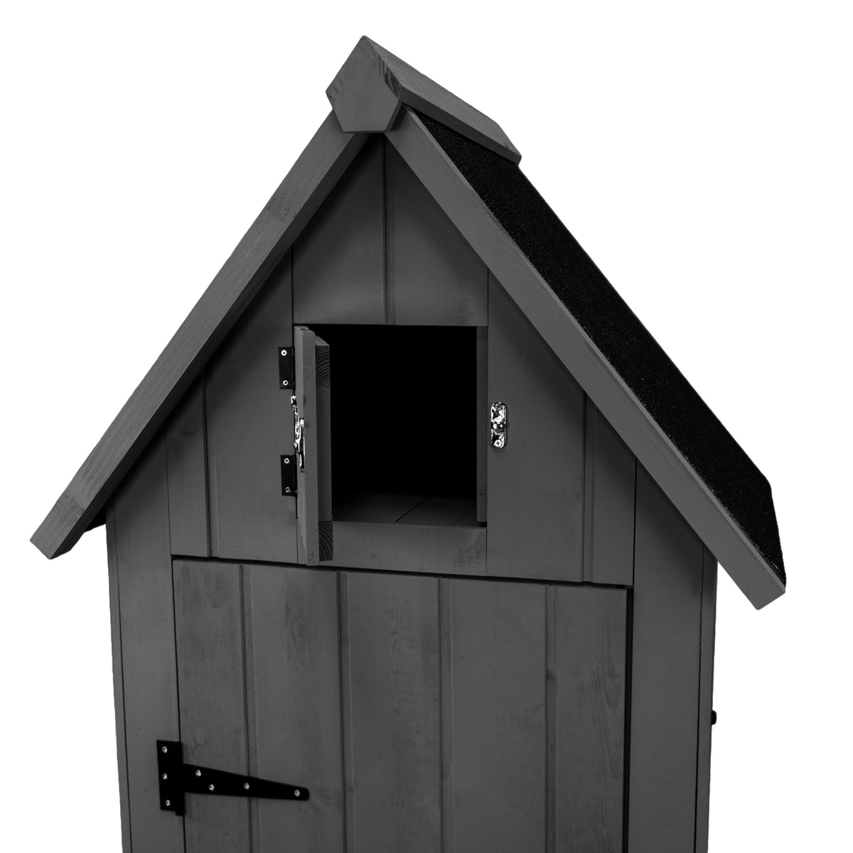 Grau lackierter Gartenschrank aus Holz mit spitzem Dach, kleinen Fenstern und robusten Metallbeschlägen, ideal für die Aufbewahrung von Gartenwerkzeugen