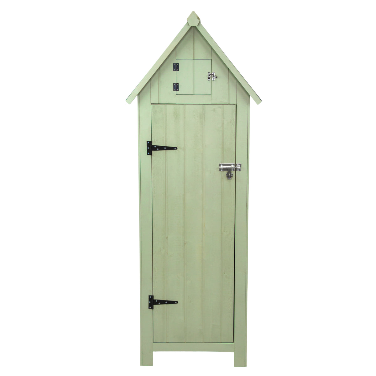 Holz-Gartenschrank in sanftem Grün mit spitzem Dach, vertikalen Holzlatten, einem kleinen oberen Fach und robusten Metallbeschlägen