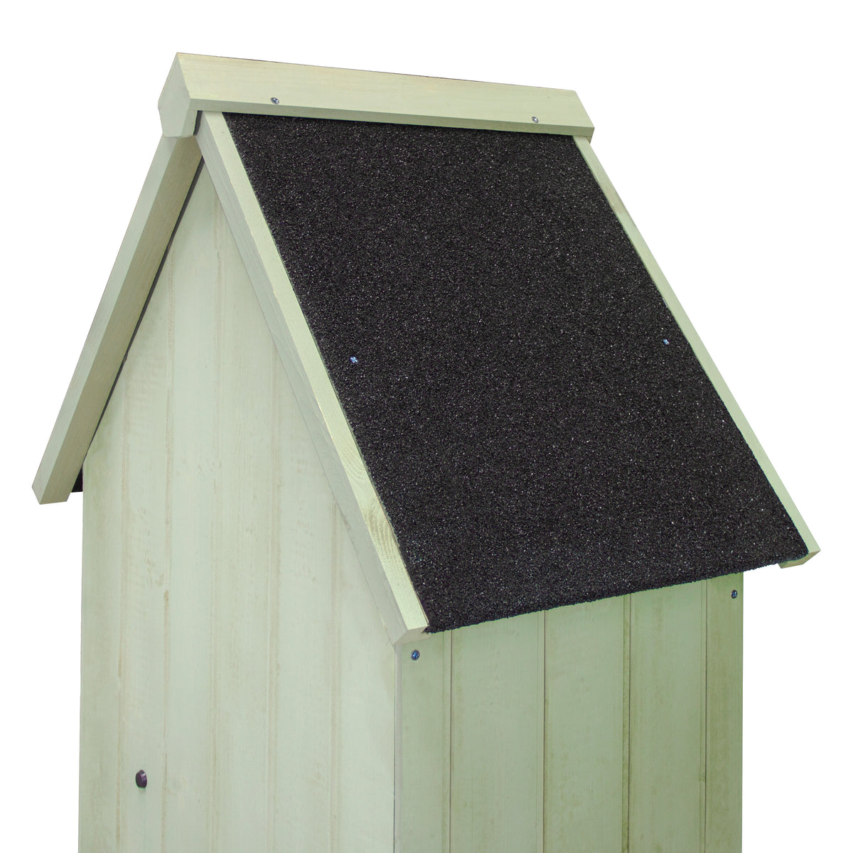 Gartenschrank aus grünem Holz mit einem schwarzen, schindelartigen Dach, ideal für die Aufbewahrung von Gartenwerkzeugen und Zubehör