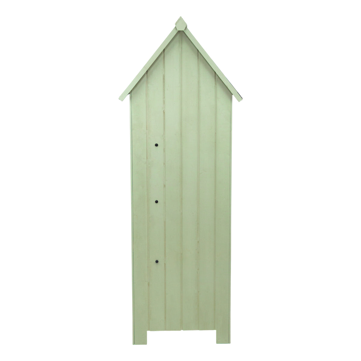 Hochformatiger Gartenschrank aus grünem Holz mit schmalen vertikalen Paneelen und einem spitzen Dach, ideal für die Aufbewahrung im Garten