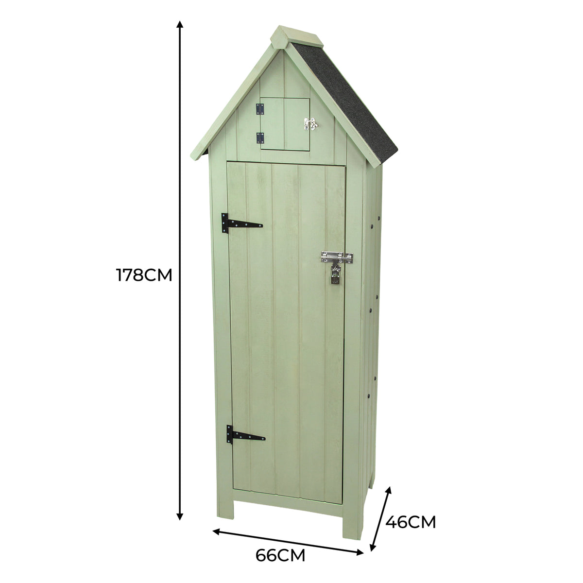 Hochwertiger Gartenschrank aus grünem Holz mit schrägem Dach, zwei Türen, einem oberen Fach und stabilen Metallbeschlägen, ideal für die Aufbewahrung von Gartenutensilien