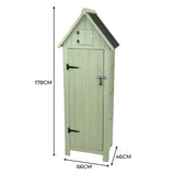 Hochwertiger Gartenschrank aus grünem Holz mit schrägem Dach, zwei Türen, einem oberen Fach und stabilen Metallbeschlägen, ideal für die Aufbewahrung von Gartenutensilien