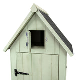 Gartenschrank aus grünem Holz mit einem spitzen Dach, einer kleinen Fensteröffnung und einer stabilen Tür, ideal für den Garten zur Aufbewahrung von Werkzeugen