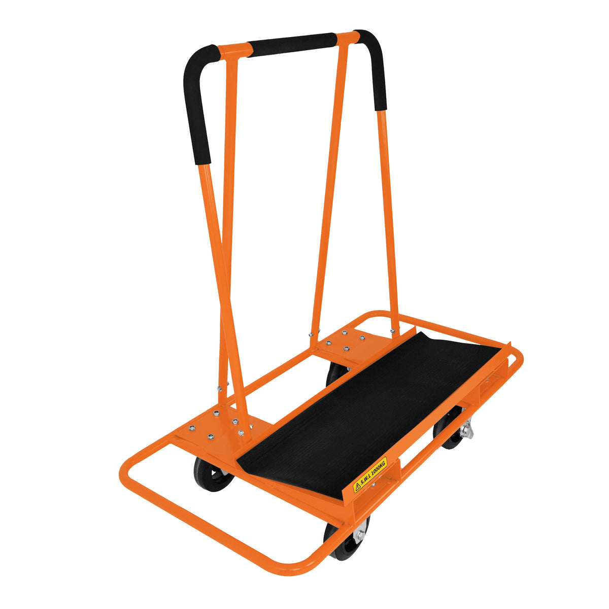 Robuster Gipskartonwagen in leuchtendem Orange mit breiten, rutschfesten Reifen und einem stabilen, gepolsterten Griff für sicheren Transport von Trockenbauwänden