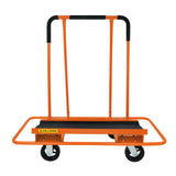 Robuster Gipskartonwagen in leuchtendem Orange mit rutschfester Plattform, zwei stabilen Griffen und bremsbaren Rädern für sicheren Transport von Trockenbauwänden