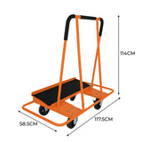 Robuster Gipskartonwagen in leuchtendem Orange mit breiten Rädern, rutschfester Plattform und ergonomischen Griffen, ideal für Trockenbauarbeiten