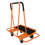 Robuster Gipskartonwagen in leuchtendem Orange mit breiten, rutschfesten Rädern und einem stabilen, gepolsterten Griff für sicheren Transport von Trockenbauwänden