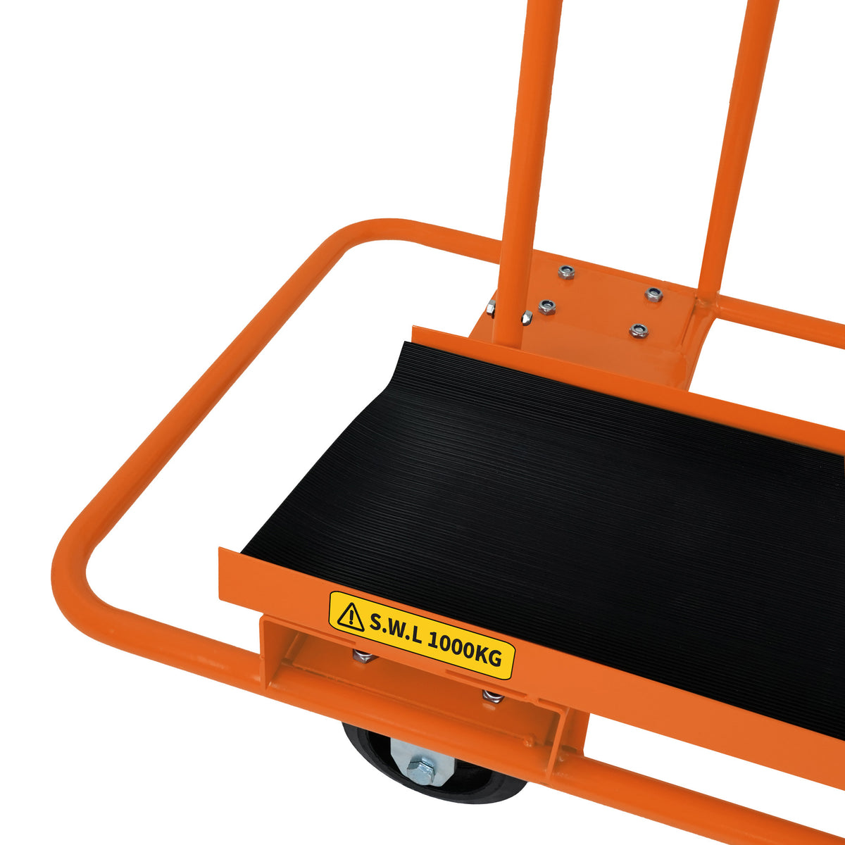 Robuster Gipskartonwagen mit orangefarbenem Stahlrahmen, rutschfester schwarzer Plattform und bremsbaren Rädern, ideal für Trockenbauarbeiten