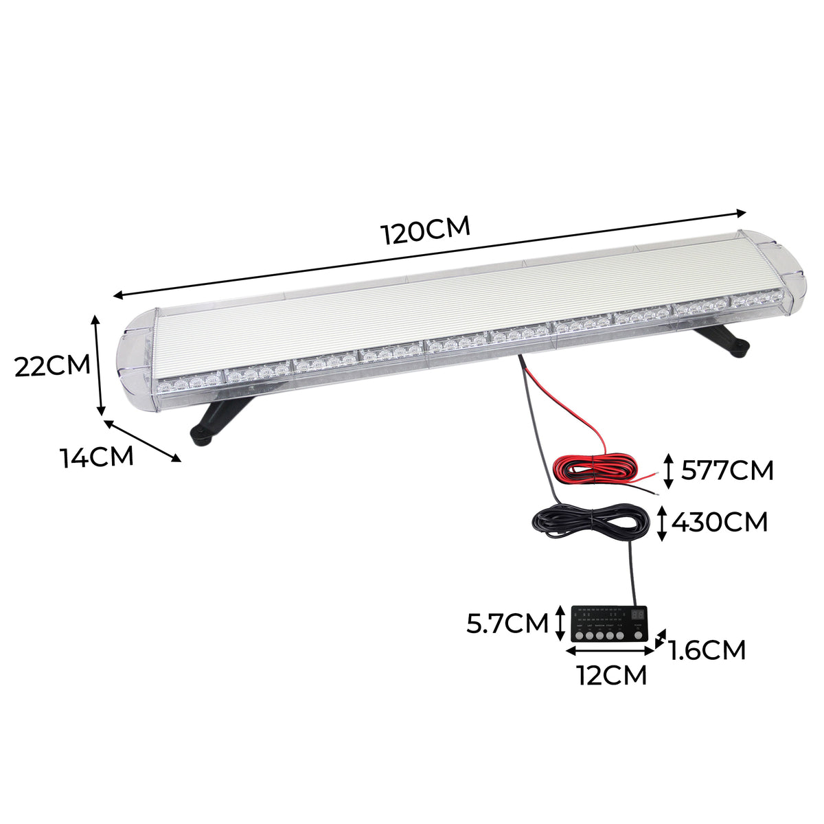 Bernsteinfarbenes LED-Notwarnlicht mit Bedienfeld, 120 cm lang, transparentes Gehäuse, klare LED-Leuchten, robustes Design, ideal für Sicherheitsanwendungen