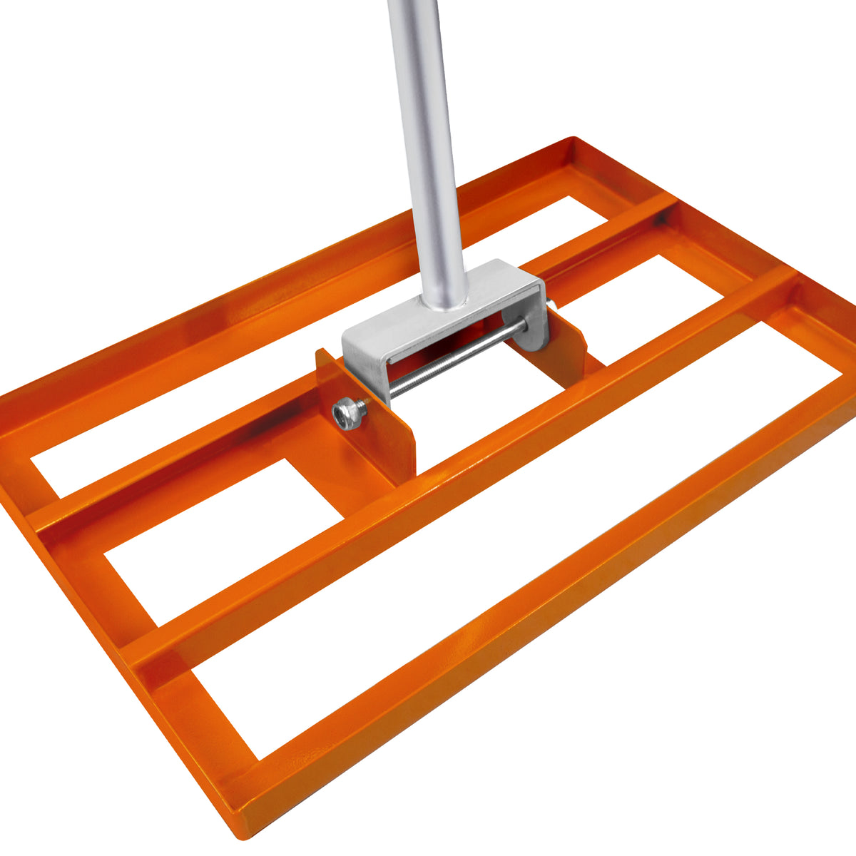 Rasenrakel in leuchtendem Orange mit stabiler Metallbasis und ergonomischem Griff, ideal für die Pflege und Belüftung von Rasenflächen