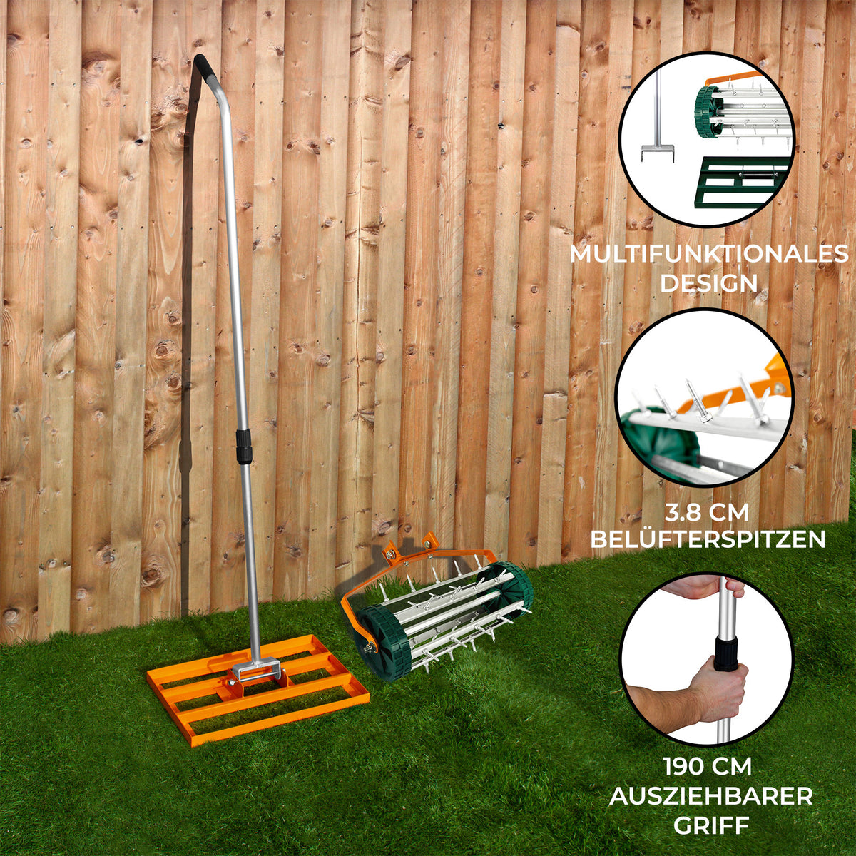 Rasenrakel in leuchtendem Orange mit 50 cm breiter Arbeitsfläche, verstellbarem Griff und rollendem Rasenlüfter für effektive Rasenpflege