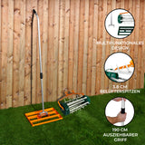 Rasenrakel in leuchtendem Orange mit 50 cm breiter Arbeitsfläche, verstellbarem Griff und rollendem Rasenlüfter für effektive Rasenpflege