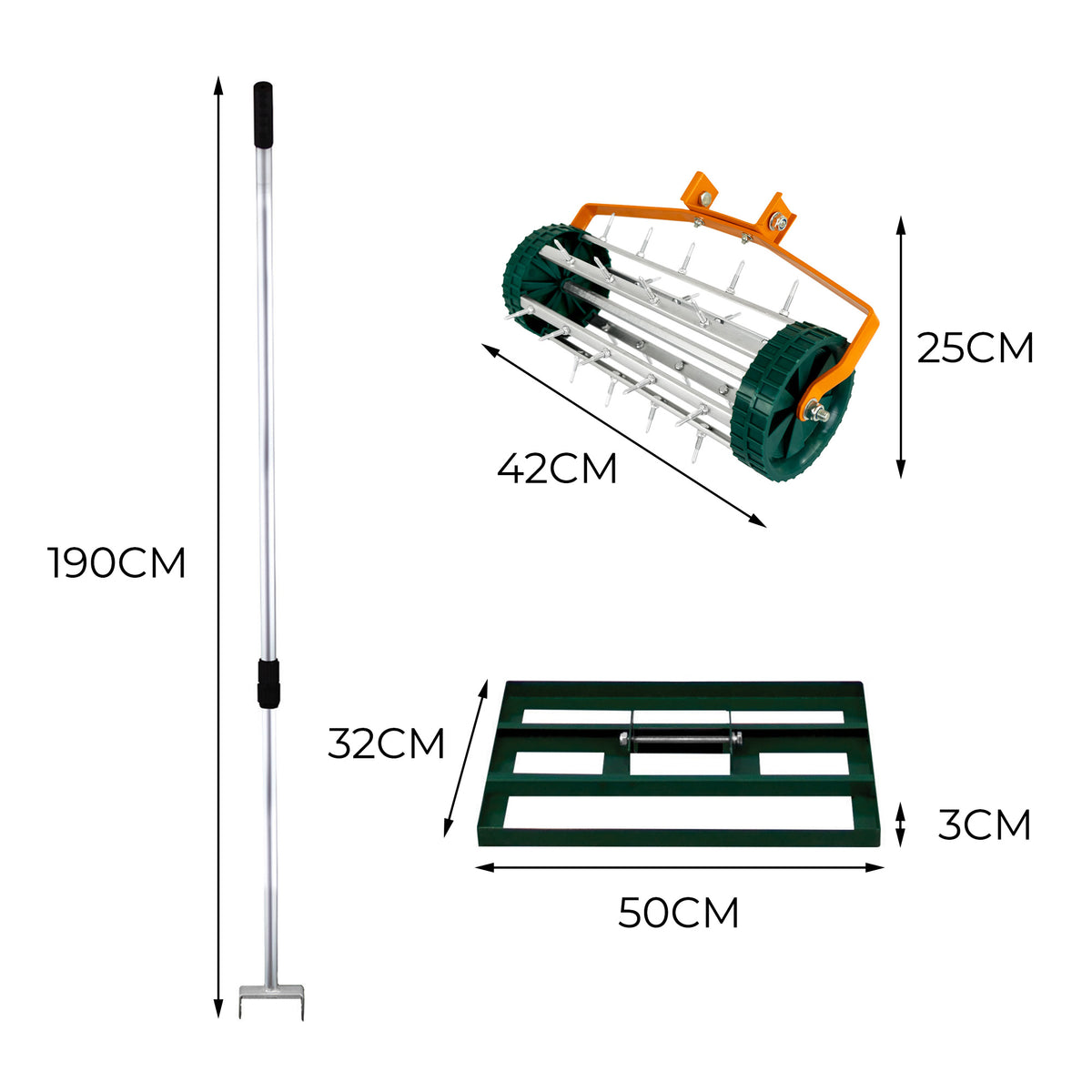 Grüner T-Mech Rasenrakel mit 50 cm breiter Arbeitsfläche, rollender Rasenlüfter und stabiler, langer Griff aus Metall, ideal für die Rasenpflege