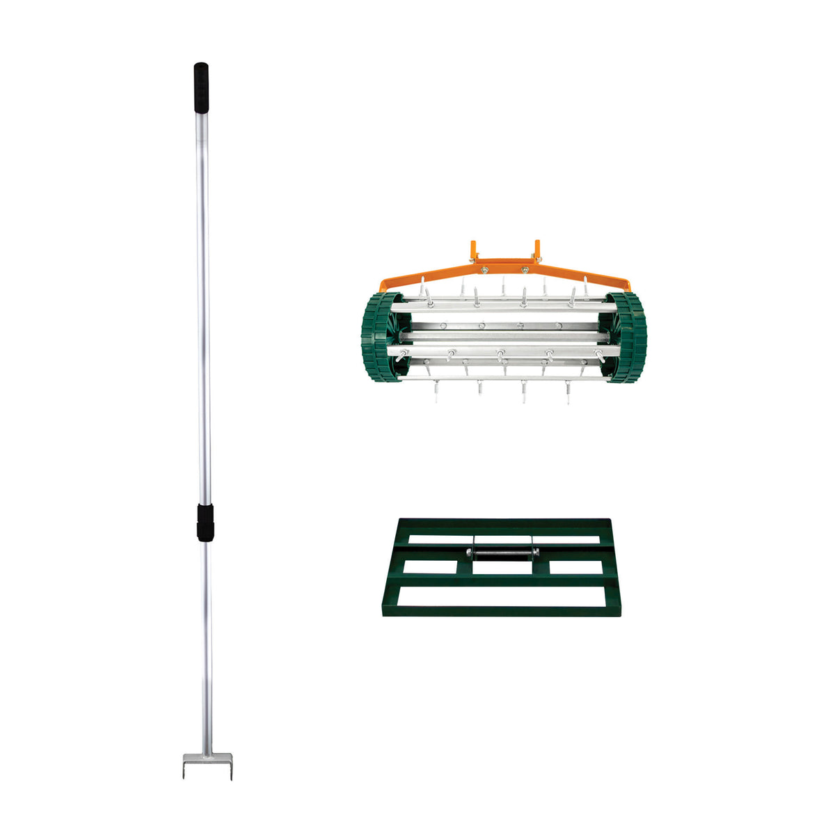 Grüner T-Mech Rasenrakel mit 50 cm Breite, inklusive rollendem Rasenlüfter, aus robustem Material, ideal für die Rasenpflege und Belüftung