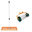 Rasenrakel in leuchtendem Orange mit einem 100 cm langen Griff und einem rollenden Rasenlüfter mit spitzen Stahlzinken für effizientes Lüften