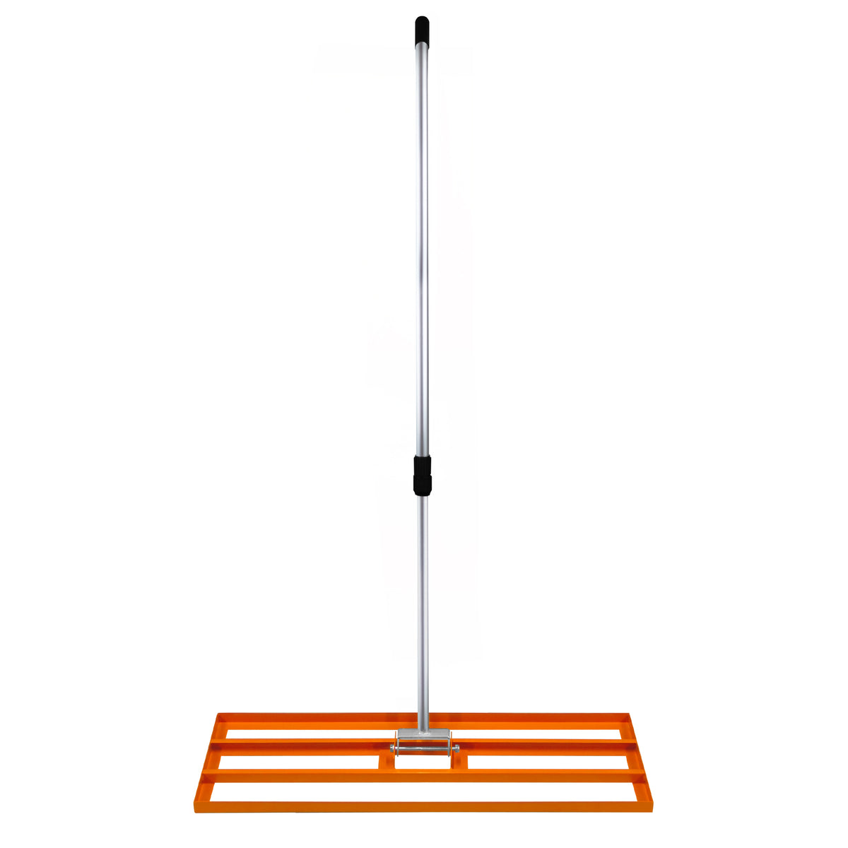 Rasenrakel in leuchtendem Orange mit einem stabilen Aluminiumgriff und einer breiten, strukturierten Arbeitsfläche für effizientes Rasenlüften