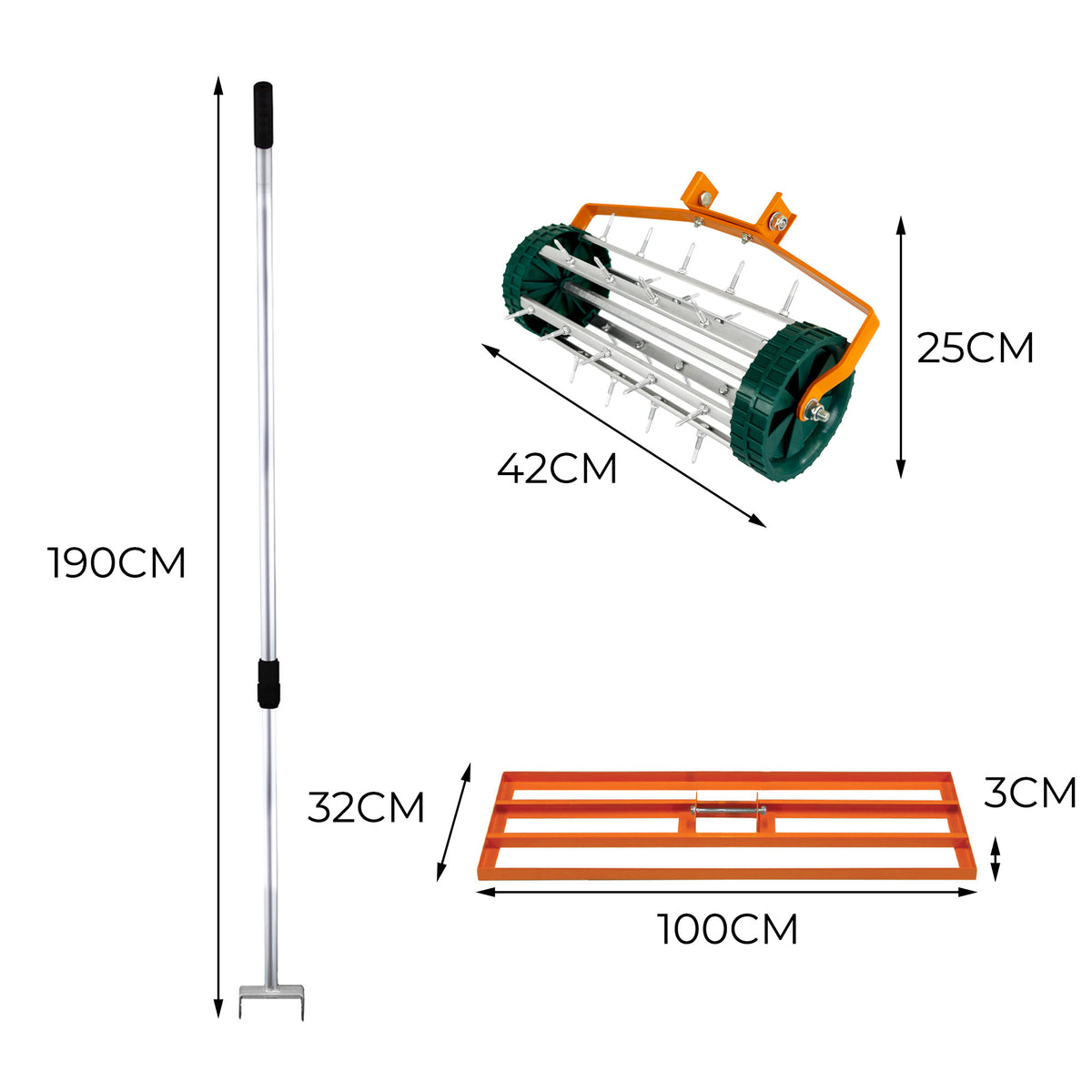 Rasenrakel in leuchtendem Orange mit 100 cm breiter Arbeitsfläche, 190 cm langem Griff und rollendem Rasenlüfter für effektive Rasenpflege
