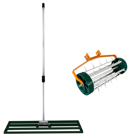 Grüner T-Mech Rasenrakel mit 100 cm breiter Basis und rollendem Rasenlüfter, aus robustem Material, ideal für die Rasenpflege und Belüftung