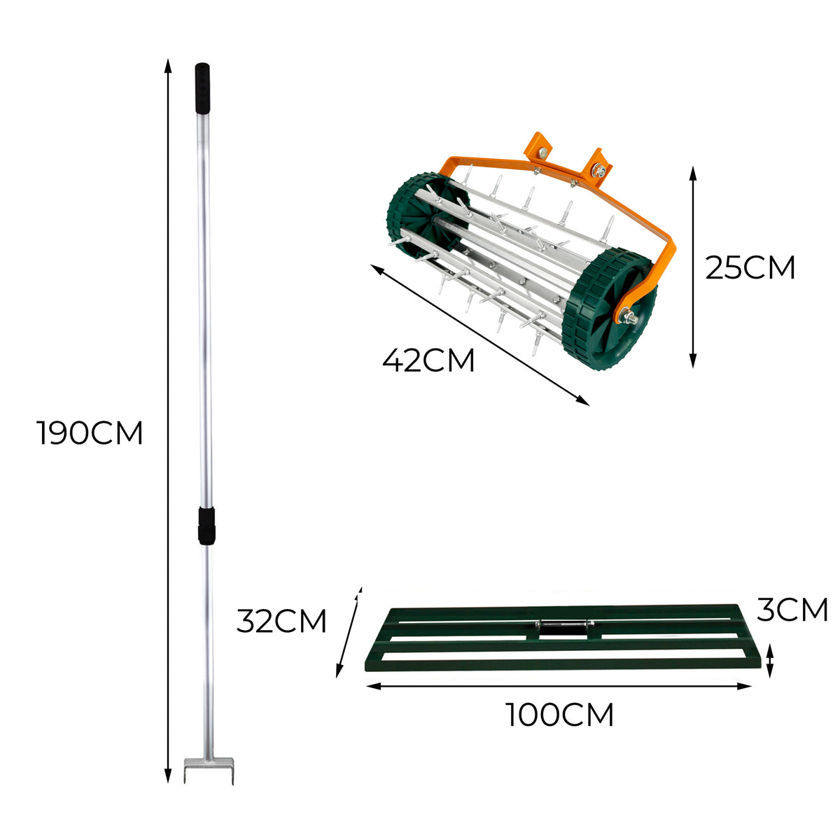 Grüner Rasenrakel mit 100 cm breiter Arbeitsfläche, rollendem Rasenlüfter, stabiler Metallstange und robustem Kunststoff, ideal für Rasenpflege