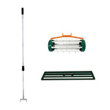 Grüner T-Mech Rasenrakel mit 100 cm breitem Kopf, rollendem Rasenlüfter und stabiler Aluminiumstange für effektive Rasenpflege