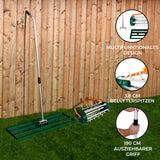 Grüner T-Mech Rasenrakel mit 100 cm breiter Arbeitsfläche, rollendem Rasenlüfter und ausziehbarem Griff für effizientes Rasenlüften und Pflege