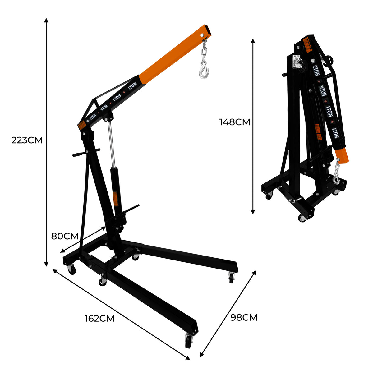 Robuster T-Mech Werkstattkran in Schwarz und Orange, mit verstellbarem Arm, stabilen Rädern und klappbarem Design für einfache Lagerung und Transport