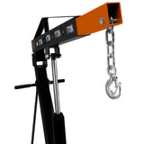 Schwarzer Werkstattkran mit orangefarbener Tragarmspitze, verstellbarem Haken und stabiler Konstruktion, ideal für das Heben von Motoren bis 2 Tonnen