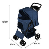 Haustierwagen in Marineblau mit Regenabdeckung, 101 cm hoch, 65 cm breit, 45 cm tief, ausgestattet mit stabilen Rädern und einem praktischen Ablagefach