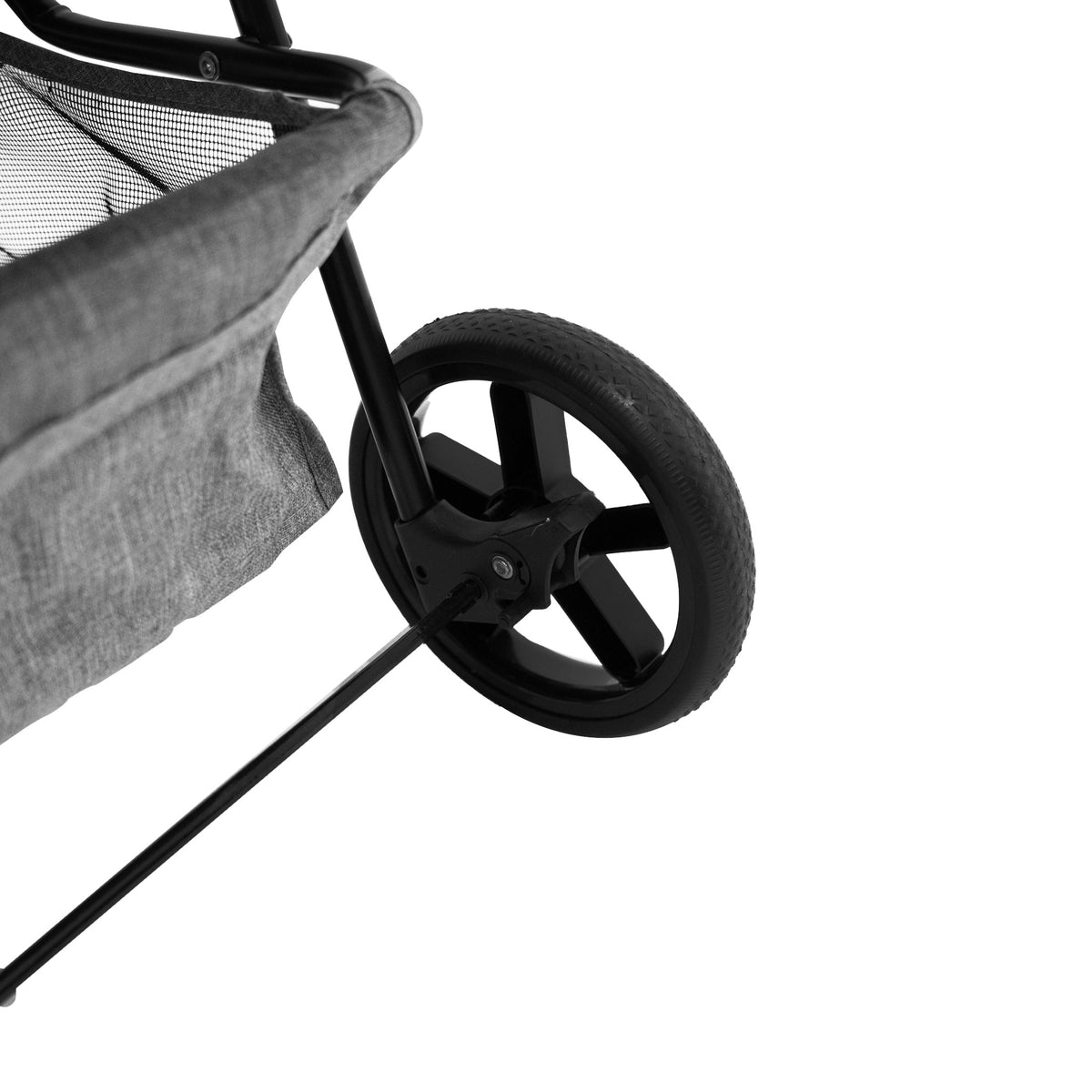 Haustierwagen in gewebtem Grau mit schwarzem Gestell und robusten Rädern, ideal für den Transport von Haustieren bei jedem Wetter