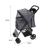 Haustierwagen in blauem Tartanmuster mit Regenabdeckung, Netzfenstern, stabilen Rädern und ergonomischem Griff, ideal für Ausflüge mit Haustieren