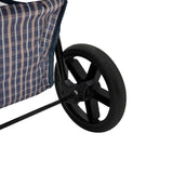 Haustierwagen mit blauem Tartanmuster, schwarze Räder und stabile Struktur, ideal für Spaziergänge mit Haustieren bei jedem Wetter