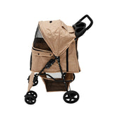 Haustierwagen in gewebtem Beige mit Regenabdeckung, schwarzem Gestell und großen Rädern für einfachen Transport, ideal für Haustiere bei jedem Wetter