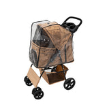 Haustierwagen in gewebtem Beige mit transparentem Regenüberzug, stabilen Rädern und praktischem Stauraum, ideal für Ausflüge mit Haustieren