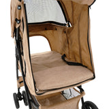 Haustierwagen in gewebtem Beige mit Regenabdeckung, weichem Innenfutter und stabilen Rädern für komfortable Ausflüge mit Haustieren