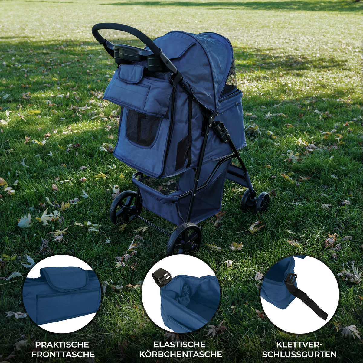 Haustierwagen in Marineblau mit praktischer Fronttasche, elastischer Körbchen-Tasche und verstellbaren Klettverschlussgurten auf grünem Rasen
