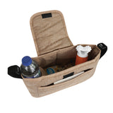 Beige Haustierwagen Fronttasche aus gewebtem Material, mit zwei Fächern für Wasserflasche und Snacks, ideal für Ausflüge mit Haustieren