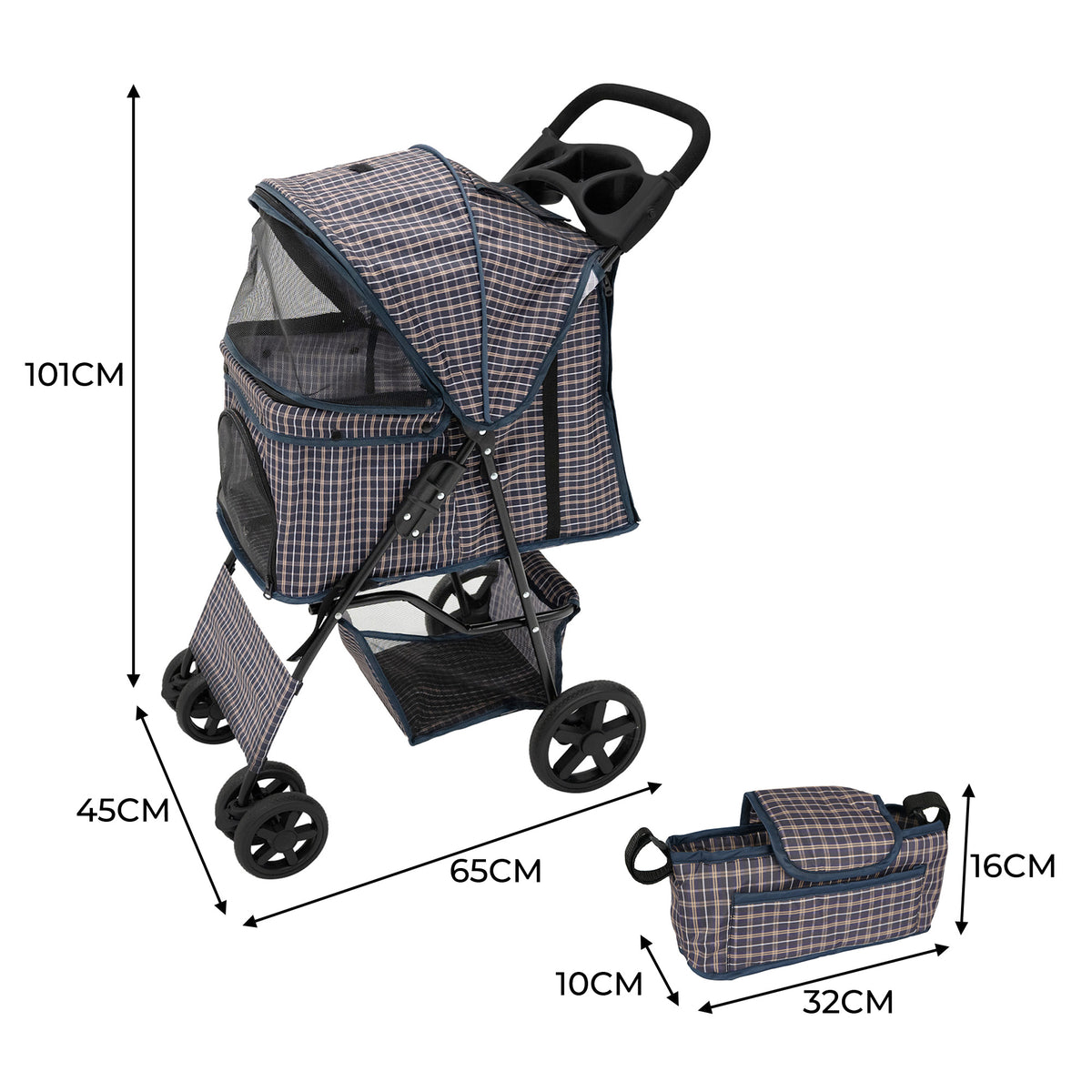 Haustierwagen mit blauem Tartanmuster, Regenabdeckung, Fronttasche, schwarze Räder, ideal für den Transport von Haustieren, Maße: 101x65x45 cm